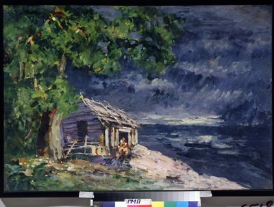 Proyecto de diseño para el ballet Le Poisson Dore de Ludwig (Leon) Minkus (Escenografía para el Ballet El pez dorado de Ludwig Minkus) - Una cabaña de madera junto al mar - Obra de Konstantin Alexeyevich Korovin (Constantin Korovine) (1861) -1939) , templo de Konstantin Alekseevich Korovin
