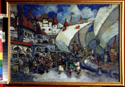 Escenografía para la Ópera Sadko de Nicolas (Nikolai) Rimsky Korsakov (Rimsky-Korsakov) (1844-1908) (Escenografía para la Ópera Sadko de N. Rimsky Korsakov (Rimsky-Korsakov). Descripción de una ciudad y edificios de madera construidos sobre un muelle anima de Konstantin Alekseevich Korovin