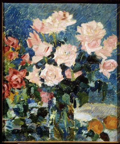 Rosas (Rosas). Pintura de Konstantin Alexeyevich Korovin (Constantin Korovin) (1861-1939), óleo sobre lienzo, hacia 1930. Naturaleza muerta, arte ruso del siglo XX, postimpresionismo. Museo Estatal de Arte, Yaroslavl (Rusia). de Konstantin Alekseevich Korovin