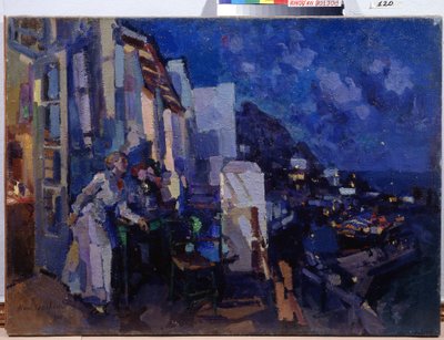 Tarde en la terraza. Una mujer aprovecha el panorama de la ciudad que se prolonga en la noche frente a su terraza. Pintura de Konstantin Alexeyevich Korovin (Constantin Korovin) (1861-1939), óleo sobre lienzo de Konstantin Alekseevich Korovin