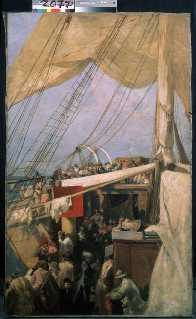 En la cubierta (En la cubierta). Descripción de la multitud de pasajeros en la cubierta de un barco. Pintura de Konstantin Alexeyevich Korovin (Constantin Korovin) (1861-1939), óleo sobre lienzo, alrededor de 1880. Arte ruso de finales del siglo XIX. Galer de Konstantin Alekseevich Korovin