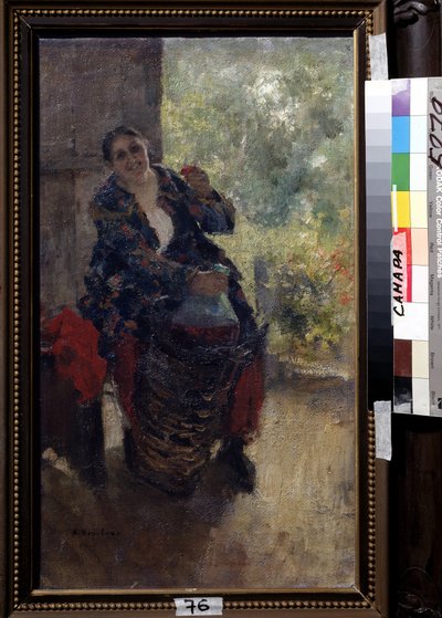 Una casera o mujer con una copa de vino (A Landlady, Woman with a Glass of Wine). Una mujer sentada fuerte levanta su copa para brindar y sostiene una enorme botella de vino. Pintura de Konstantin Alexeyevich Korovin (Constantin Korovin) (1861-1939), de Konstantin Alekseevich Korovin
