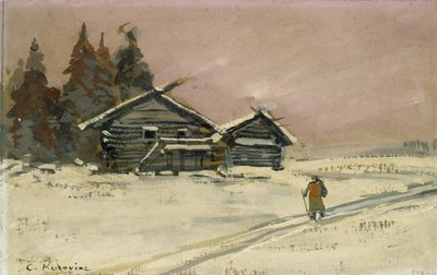 Paisaje de invierno con dos cabañas de madera de Konstantin Alekseevich Korovin