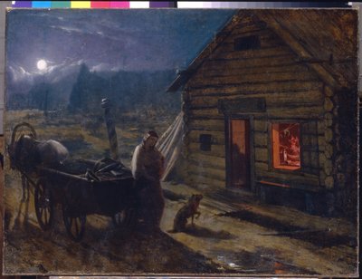Frente a una taberna (Escena nocturna, una mujer con su bebé y un perro esperan junto a un carruaje tirado por caballos, frente a la puerta abierta de un edificio de madera, donde se reúnen hombres borrachos) - Ante una Taberna - Pintura por Konstantin Ale de Konstantin Alexandrovich Trutovsky