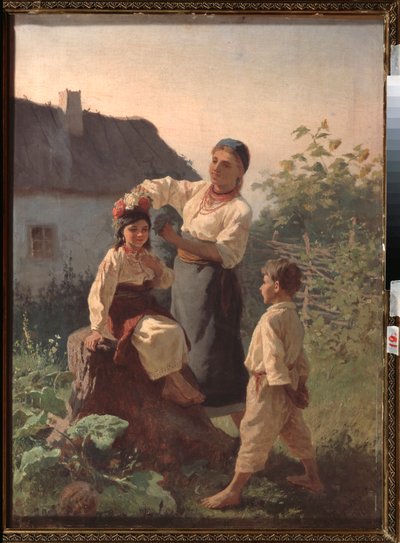 Atar una guirnalda - Pintura de Konstantin Alexandrovich Trutovsky (Troutovsky) (1826-1893), óleo sobre lienzo de Konstantin Alexandrovich Trutovsky