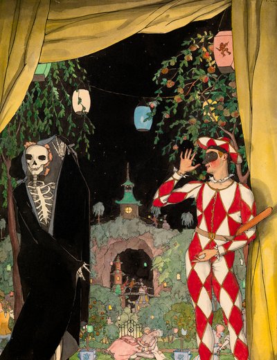 Arlequín y Muerte (Arlequín y Muerte) - Obra de Konstantin Andreyevich Somov (1869-1939), acuarela, gouache y tinta sobre papel (28,5x22,5 cm) de Konstantin Andreevic Somov