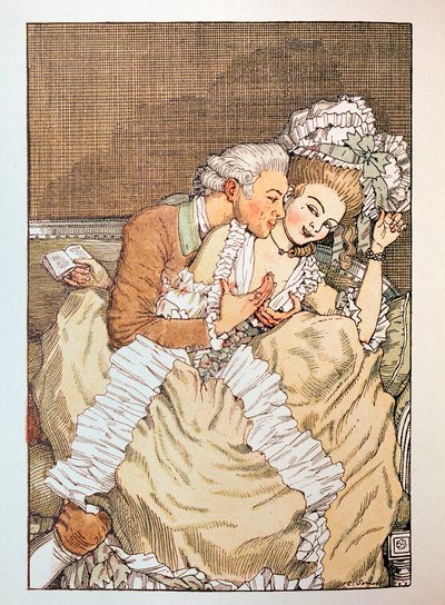 Ilustración para ""Le Livre de la Marquise"" de Franz Blei (Ilustración para el Libro de la marquesa de Franz Blei) (una marquesa bromeando con un amante impaciente) - Obra de Konstantin (Constantin) Andreyevich Somov (1869-1939), grabado de Konstantin Andreevic Somov