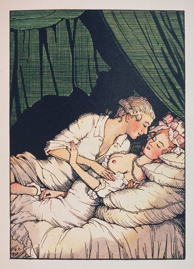 Ilustración para el Libro de la Marquesa de Franz Blei (una marquesa, en topless, acostada en la cama con su amante) - por Konstantin (Constantin) Andreyevich Somov (1869-1939), grabado de Konstantin Andreevic Somov