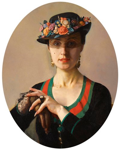Retrato de dama con sombrero floreado y velo de Konstantin Andreevic Somov