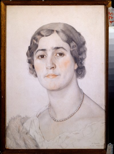 Retrato de la actriz D G Karysheva (?) (Retrato de la actriz D G Karysheva) - Obra de Konstantin (Constantin) Andreyevich Somov (1869-1939), acuarela, sanguina y pastel sobre papel de Konstantin Andreevic Somov