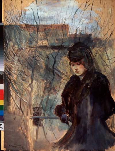Printemps (Primavera) (Una mujer vestida de negro, mirando melancólica y mirando hacia abajo, apoyada en una delgada barrera) - Obra de Konstantin (Constantin) Andreyevich Somov (1869-1939), acuarela y gouache sobre cartón de Konstantin Andreevic Somov