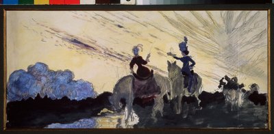 Un paseo. (Dos jinetes observan el cielo y el paisaje). Obra de Konstantin (Constantin) Andreyevich Somov (1869-1939), lápiz y gouache sobre papel de Konstantin Andreevic Somov