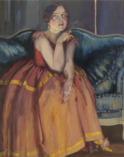 Mujer fumando un cigarrillo en un sofá de Konstantin Andreevic Somov
