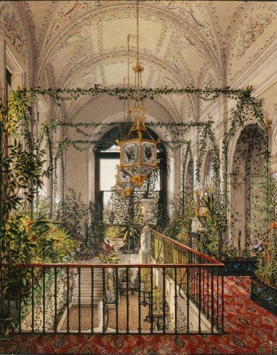 Interiores del Palacio de Invierno. El pequeño jardín de invierno en los apartamentos de Alexandra Fyodorovna de Konstantin Andreyevich Ukhtomsky