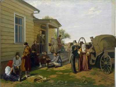 Justicia de la Paz. Edificio del tribunal de justicia en el campo ruso, los campesinos esperan mientras charlan, los abogados están ocupados. Pintura de Konstantin Apollonovich Savitsky (1844-1905), óleo sobre lienzo. Arte ruso del siglo XIX. registro de Konstantin Apollonovich Savitsky