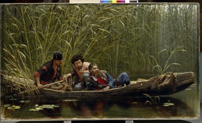 Los hombres cutres. Descripción de tres contrabandistas, delincuentes discretamente al acecho en una barca camuflada entre los juncos. Pintura de Konstantin Apollonovich Savitsky (1844-1905), óleo sobre lienzo de Konstantin Apollonovich Savitsky