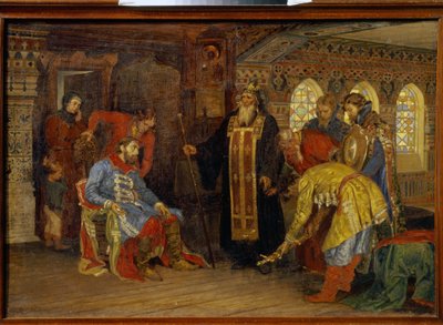 La invitación del Príncipe Dmitry Pozharsky (1577-1642) para comandar los ejércitos para la liberación de Moscú. (La invitación del príncipe Pozharsky para gobernar ejércitos para la liberación de Moscú). Después de recibir la bendición de Irenarchus de Ro de Konstantin Apollonovich Savitsky