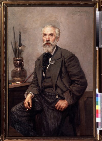 Retrato del artista Konstantin Savitsky (1844-1905) (Retrato del artista K. Savitsky). Pintura de Nikolai Karlovich Grandkovsky (1864-1907), óleo sobre lienzo de Konstantin Apollonovich Savitsky