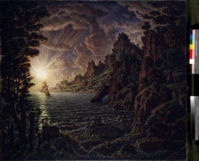Los barcos, el sol del atardecer de Konstantin Bogayevsky