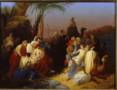 La venta de José. (Episodio del Génesis, cuando José es vendido por sus hermanos a los traficantes de esclavos. Pintura de Konstantin Dmitrievich Flavitski (1830-1866), óleo sobre lienzo de Konstantin Dmitrievich Flavitsky