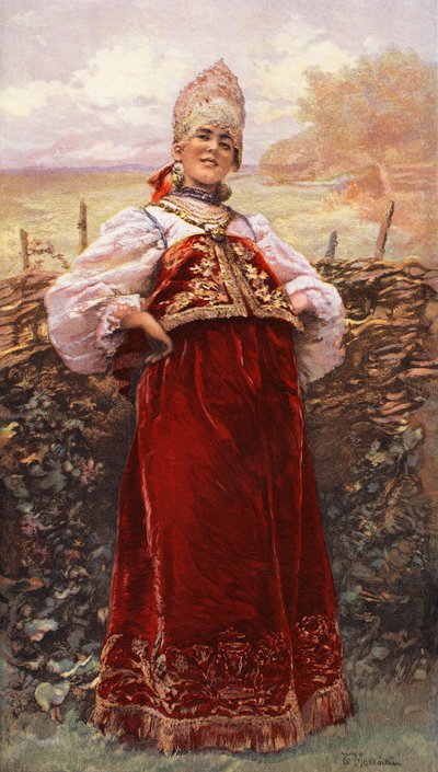 Una doncella rusa (litografía en color) de Konstantin E Makovskij