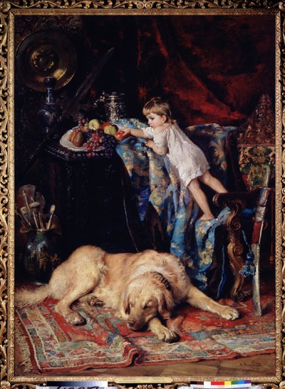 En el estudio del artista. Un niño glotón se balancea en un sillón, para evitar la supervisión de un gran perro dormitando y para tomar una fruta de un plato, composición para una naturaleza muerta. Pintura de Konstantin de Konstantin Egorovich Makovsky