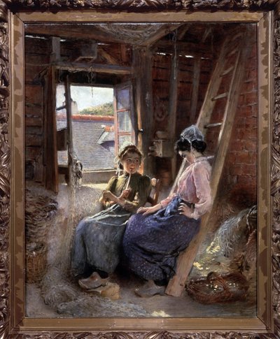 Dos bretones (dos bretones). Las esposas de los pescadores, en traje tradicional, descansando y charlando en un ático donde se almacenan las redes y cestas de pesca, la ventana abierta de par en par dejando entrar un rayo de sol. Pintura de Konstantin Y de Konstantin Egorovich Makovsky
