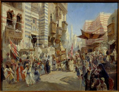 Fiesta musulmana: la procesión de la alfombra sagrada en las calles de El Cairo en Egipto (La Entrega de la Alfombra Sagrada en El Cairo) - Óleo sobre lienzo de Konstantin Yegorovich Makovsky (Constantin Makovski) (1839-1915) de Konstantin Egorovich Makovsky