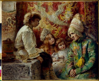 Abuela con niños (Cuento de hadas de la abuela) - Makovsky, Konstantin Yegorovich (1839-1915) - 1882 - Óleo sobre madera - Museo Estatal al aire libre Palacio de Pavlovsk, San Petersburgo de Konstantin Egorovich Makovsky