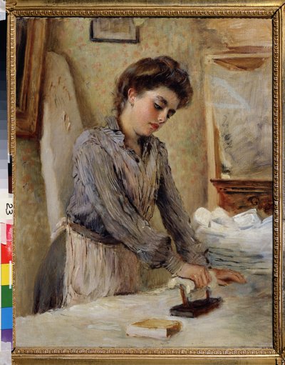 La planchadora - Mujer planchando. Pintura de Konstantin Yegorovich Makovsky (Constantin Makovsky) (1839-1915), óleo sobre lienzo, alrededor de 1900. Arte ruso de finales del siglo XIX y principios del XX. Museo Estatal al Aire Libre, Rostov Kremlin, Rosto de Konstantin Egorovich Makovsky