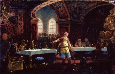 Conde Michael Repnin (?) en la fiesta de Iván el Terrible (1530-1584). (Conde Mikhail Repnin en la fiesta de Iván el Terrible). Repnin, de pie en el centro de las mesas puestas, denuncia la política del Zar. Pintura de Konstantin Yegorovich Makovsky (Const de Konstantin Egorovich Makovsky