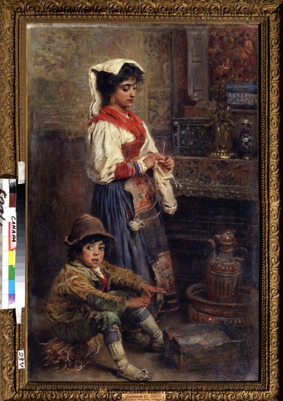 Los modelos esperando al artista. Pintura de Konstantin Yegorovich Makovsky (Constantin Makovsky) (1839-1915), óleo sobre lienzo de Konstantin Egorovich Makovsky