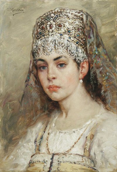 Retrato de una mujer boyarda (boiard, boiar): está vestida con un vestido sarafan y tiene un kokoshnik en la cabeza, un peinado tradicional - Pintura de Konstantin Yegorovich Makovsky (Constantin Makovski) (1839-1915) de Konstantin Egorovich Makovsky