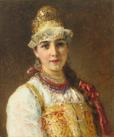 Retrato de una mujer boyarda (boiard, boiar): está vestida con un vestido sarafan y tiene un kokoshnik en la cabeza, un peinado tradicional - Pintura de Konstantin Yegorovich Makovsky (Constantin Makovski) (1839-1915) de Konstantin Egorovich Makovsky
