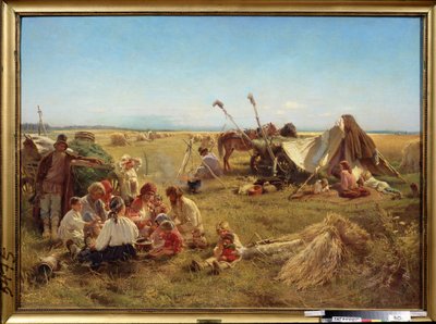 Comidas de los campesinos en la temporada de cosecha. (Una comida campesina en tiempo de cosecha). Pintura de Konstantin Yegorovich Makovsky (Constantin Makovsky) (1839-1915), óleo sobre lienzo de Konstantin Egorovich Makovsky