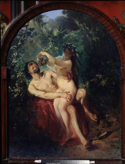 Sátiro y ninfa. (Sátiro y Ninfa). Pareja desnuda y borracha, la ninfa sobre las rodillas del sátiro le da de comer un racimo de uvas, recogidas de las vides que les rodean. Pintura de Konstantin Yegorovich Makovsky (Constantin Makovsky) (1839-1915), óleo de Konstantin Egorovich Makovsky