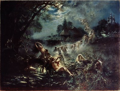 Sirenas (Sirenas). Por la noche, mujeres desnudas tejen coronas en un río, luego forman una cadena agarrándose unas a otras y elevándose hacia el cielo antes de confundirse con las nubes. Pintura Konstantin Yegorovich Makovsky (Constantin Makov de Konstantin Egorovich Makovsky