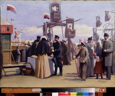 Puestos de la Feria de Moscú. (Cabinas de la Feria de Moscú). Pintura de Konstantin Yegorovich Makovsky (Constantin Makovsky) (1839-1915), óleo sobre lienzo. Arte ruso del siglo XIX. Museo Estatal de Arte de la República de Chuvash, Cheboksary (Chuvashia,  de Konstantin Egorovich Makovsky