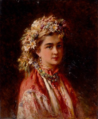 Niña con guirnalda de flores de Konstantin Egorovich Makovsky