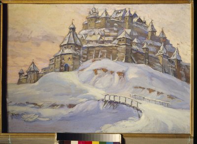 Fortaleza de la antigua Rusia (ciudad fortificada de madera bajo la nieve en Ucrania en la Edad Media). Obra de Konstantin (Constantin) Ivanovich Gorbatov (1876-1945), temple sobre madera, principios del siglo XX. Colección privada. de Konstantin Ivanovich Gorbatov