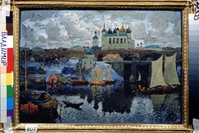 Le Pont a Novgorod (Russie) (Novgorod, Pier). Peinture de Konstantin (Constantin) Ivanovich Gorbatov (1876-1945), huile sur toile. de Konstantin Ivanovich Gorbatov
