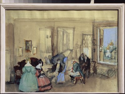 Une scene de la piece de theatre "Le Revizor" de Nicolas Gogol (1809-1852) (Una escena de la obra de teatro El revisor de N. Gogol) - Oeuvre de Konstantin Ivanovich Rudakov (Constantin Roudakov) (1891-1949), aquarelle et gouache sur papier - Art scenograp de Konstantin Ivanovich Rudakov