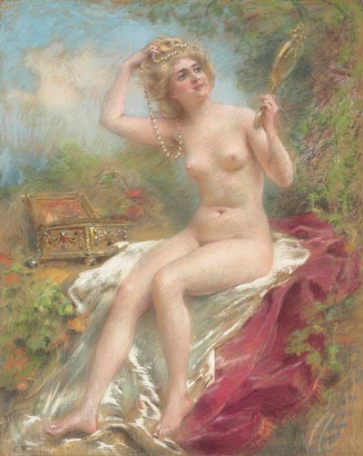 Desnudo sentado mirándose en un espejo de Konstantin Makovsky