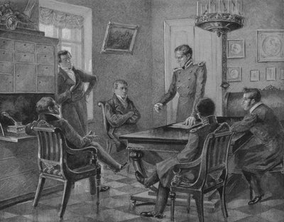 Discurso de Pavel Pestel en la reunión de la Sociedad del Norte de los Decembristas en Petersburgo, 1936 de Konstantin Mikhailovich Goldstein