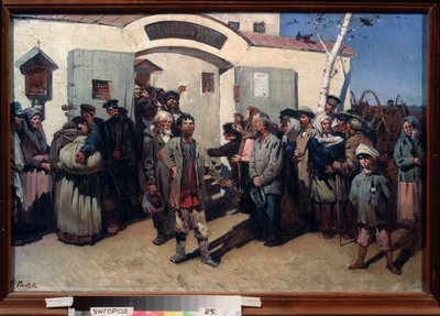 Regreso a la libertad. (Prisioneros que son liberados de un centro penitenciario, con los ojos fijos en el cielo y una multitud emocionada esperándolos). Pintura de Konstantin Petrovich Pyneev (1868-1922), óleo sobre lienzo. Arte ruso de Konstantin Petrovich Pyneev