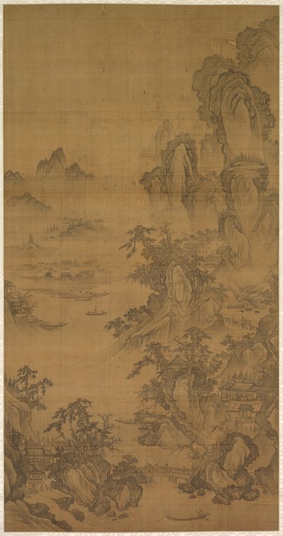 Mercado de montaña, claro con niebla ascendente de Korea, Joseon dynasty