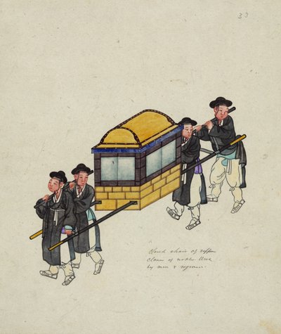 Cuatro porteadores llevando a un oficial en una "gama" o palanquín, c.1890 de Korean School