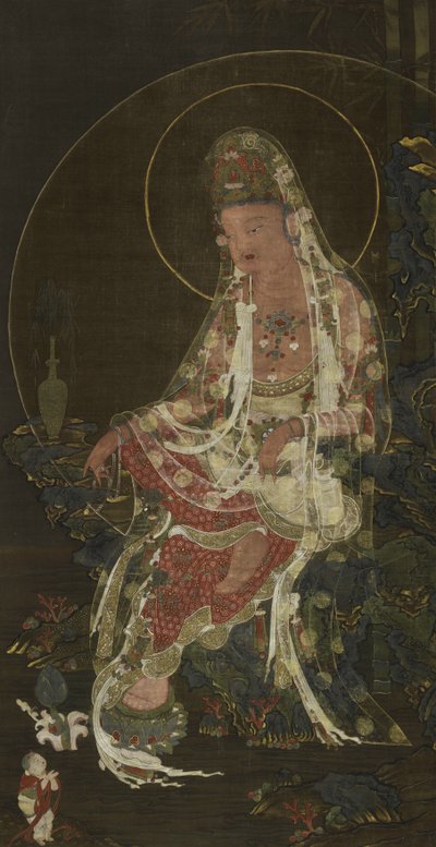 Pergamino colgante que representa a un Bodhisattva Avalokiteshvara (Kwanseûm Posal) con rama de sauce sentado en un Jardín del Paraíso, dinastía Koryô de Korean School