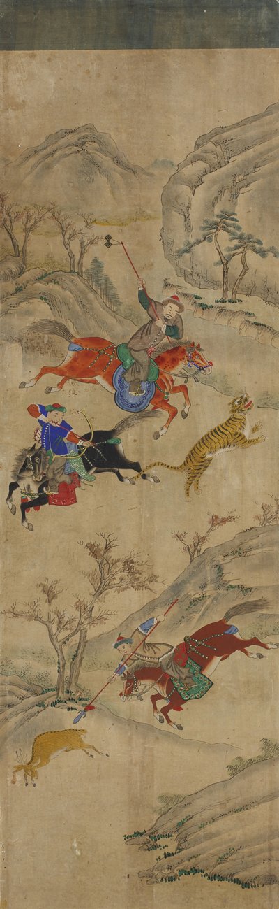 Escena de caza (3 jinetes cazando ciervos y tigres) de Korean School