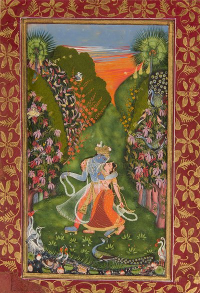 Radha y Krishna Caminan en un Bosque Florido (recto), Krishna Tocando la Flauta (verso), c. 1720 (recto), c. 1750-75 (verso) de Kota Master